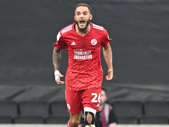 GOAL Crawley Town defender Jay Williams (26) scores a goal and celebrates 0-1 during the EFL Sky Bet League 2 play-off second leg match between Milton Keynes Dons and Crawley Town at stadium:mk, Milton Keynes, England on 11 May 2024.:Crawley Town hammered MK Dons 5-1 - and 8-1 on aggregate - to reach the League Two play-off final Wembley. Photographer Dennis Goodwin/Pro Sport Images was there to catch the action, the crowd and the celebrations