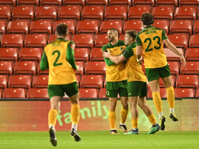 Shamir Fenelon of Horsham celebrates his goal to make it 1-1 during the Emirates FA Cup First Round match between Barnsley and Horsham at Oakwell Stadium.