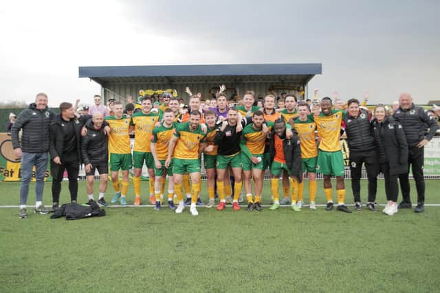 Horsham FC celebrate after their win at Aveley. Pictures by Natalie Mayhew/ButterflyFootball