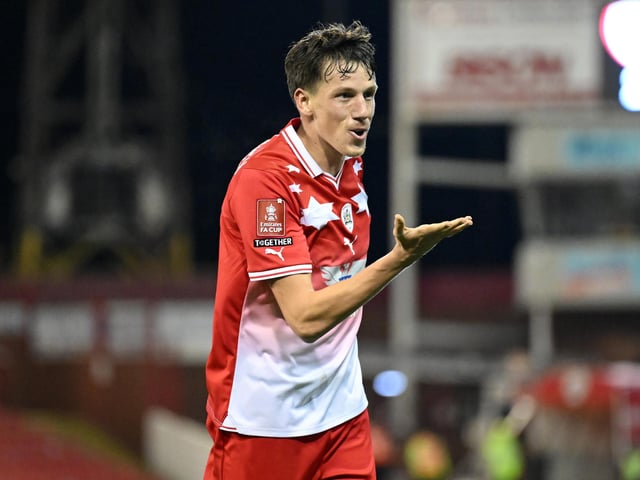 John McAtee of Barnsley celebrates his goal to make it 3-2 during the Emirates FA Cup First Round match between Barnsley and Horsham at Oakwell Stadium.