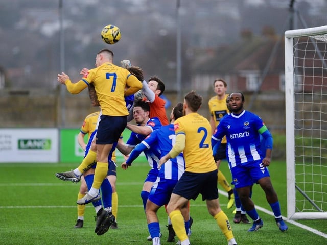 Action from Lancing FC's 1-0 home loss to East Grinstead Town in the Isthmian south east division