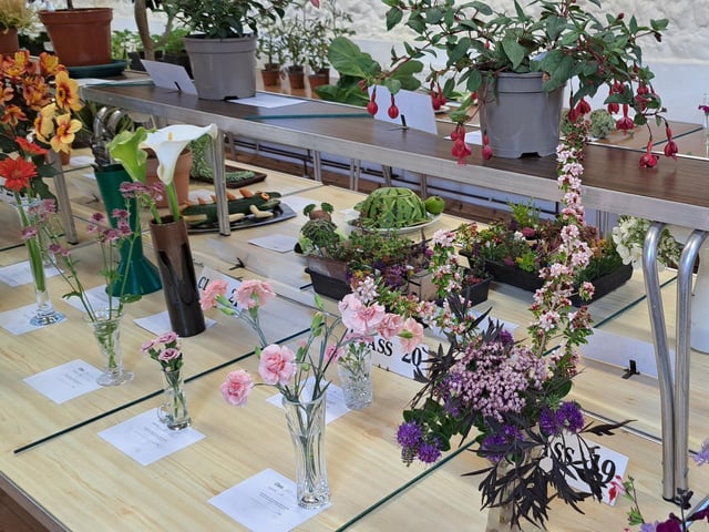 Floral exhibits included roses, sweet peas and fuchsias