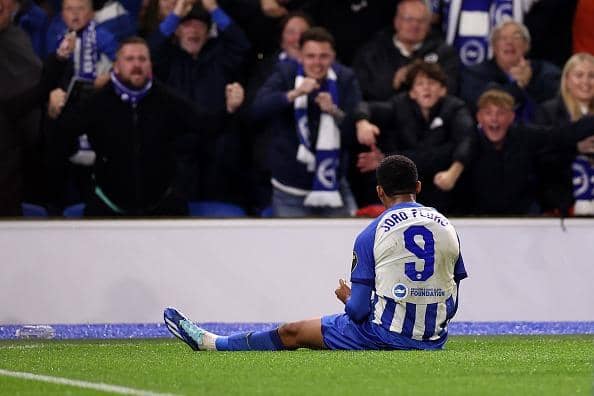 Joao Pedro of Brighton & Hove Albion celebrates after scoring the team's first goal during the UEFA Europa League 2023/24 match against Ajax