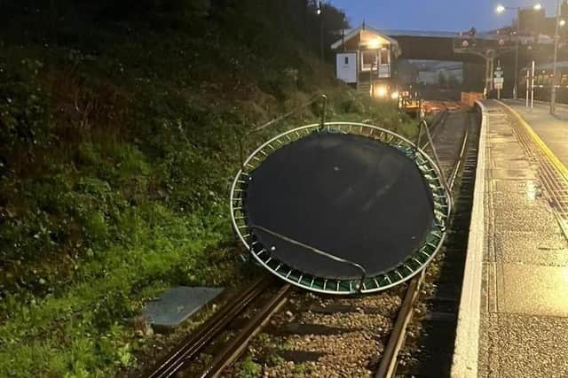 The trampoline that blew onto the tracks in Hastings. Picture: Network Rail