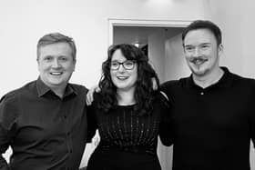 Bexhill Rock Choir leader Josie Black with Aled Jones and Russell Watson.