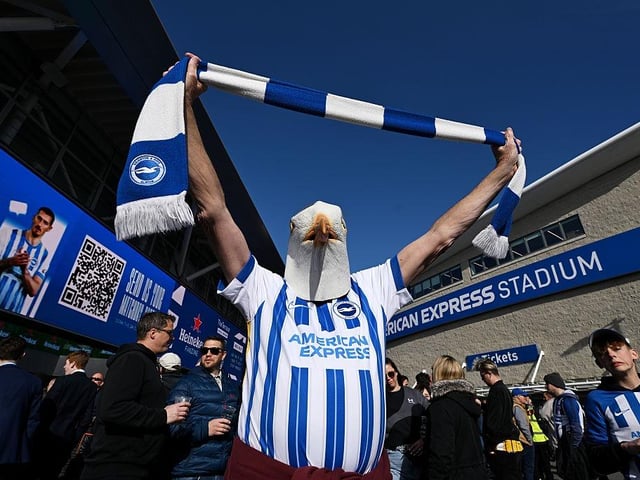 Brighton & Hove Albion fan wears a seagull head and holds up a scarf