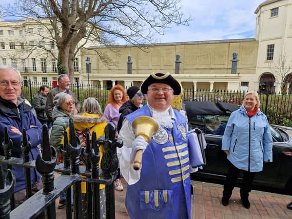 Worthing town crier Bob Smytherman launched his new walk on Tuesday, April 2, followed by afternoon tea at Worthing Town Hall to raise money for the mayor's charities, Broadwater Support Group and Community Hub, CYCALL inclusive cycling and the Parkinson's UK Worthing and Washington Group. Using information provided by The Worthing Society, Bob led a group of around 20 people on a three-hour walk around the town centre and seafront, giving many stories of the area's history en route.