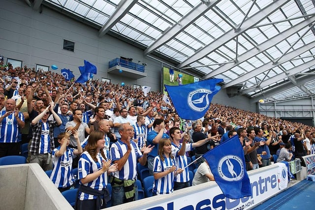 Brighton & Hove Albion supporters cheer their team during the npower Championship match between Brighton & Hove Albion and Blackpool at Amex Stadium on August 20, 2011.