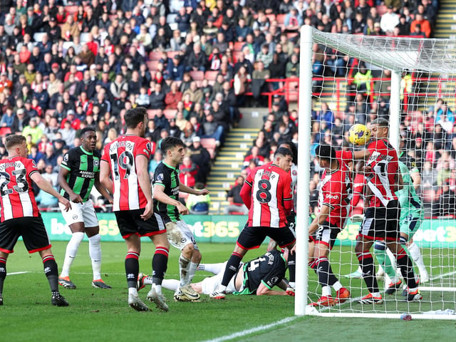 Facundo Buonanotte of Brighton & Hove Albion scores his team's first goal during the Premier League match between Sheffield United and Brighton & Hove Albion at Bramall Lane on February 18, 2024 in Sheffield, England. (Photo by Matt McNulty/Getty Images)