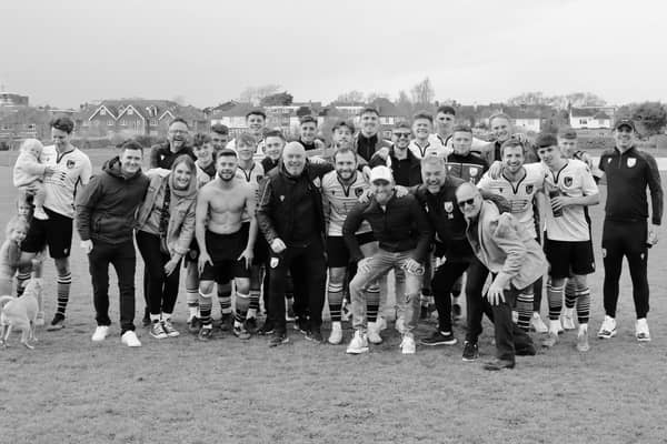 Bexhill United's players and backroom team give Ryan Light a big Polegrove send-off | Picture: Joe Knight