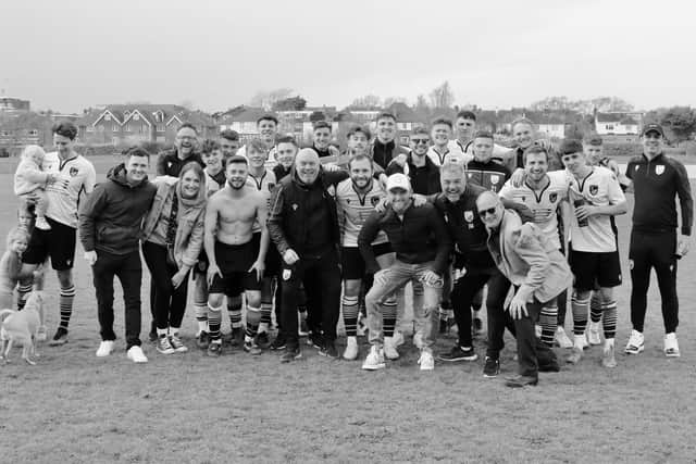 Bexhill United's players and backroom team give Ryan Light a big Polegrove send-off | Picture: Joe Knight