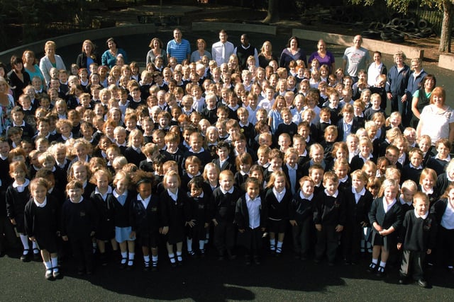 Staff and pupils at Elm Grove First School in Goring