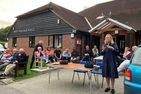 Sally-Ann speaking to Pett Level residents at an open-air meeting to discuss the flooding issues