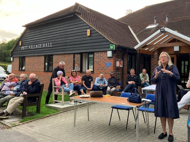 Sally-Ann speaking to Pett Level residents at an open-air meeting to discuss the flooding issues