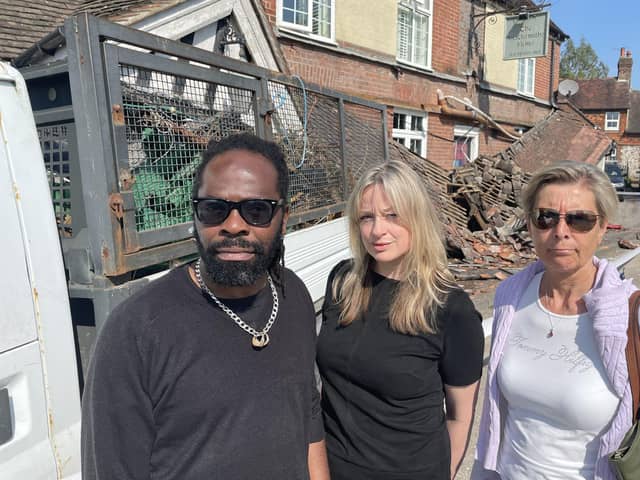 Green Party Councillors Lucy Agace and Joa Saunders with Jazz Benjamin, Landlord of the Blacksmith Arms, Offham