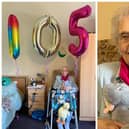 Jeannette Wishart with her card from the King and Queen, and with her birthday balloons