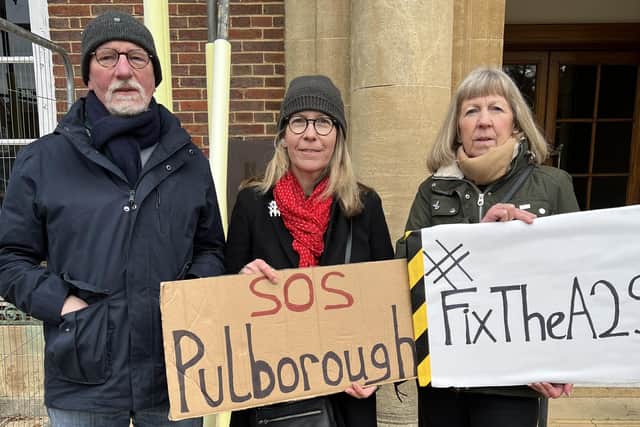 Pulborough residents Len Ellis-Brown, Jane Mote and Karen Bicknell  handed out leaflets to councillors concerned about the 'devastation' caused to the village following the 10-week closure of the A29