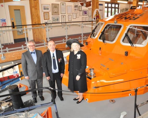 L-R Rev Rupert Toovey DL, Andy Morgan and Lord Lieutenant of West Sussex, Lady Emma Barnard. Picture from RNLI/Simon Williams