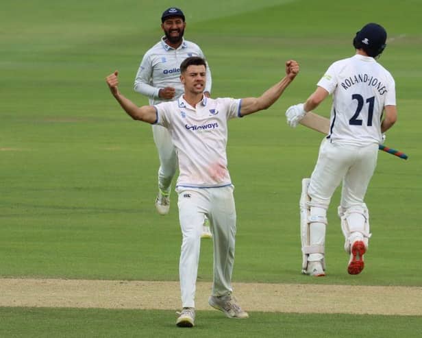Brad Currie celebrates the wicket of Toby Roland-Jones on his Sussex county championship debut at Lord's in 2022 | Picture: Getty