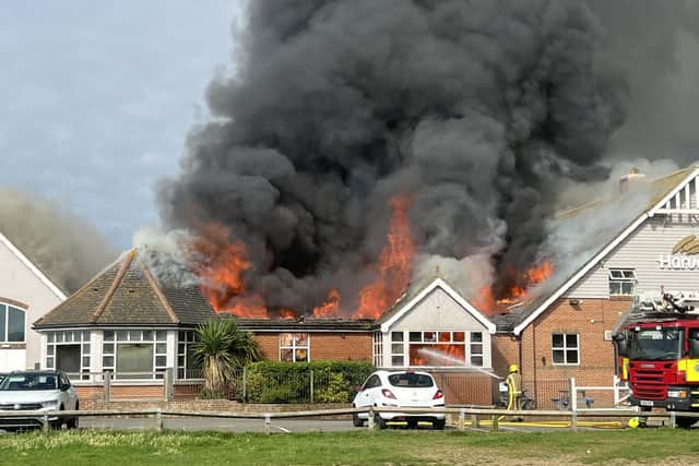 The devastating fire at Harvester in Littlehampton, which adjoins the Windmill Entertainment Centre. Photo: Eddie Mitchell / Freelance