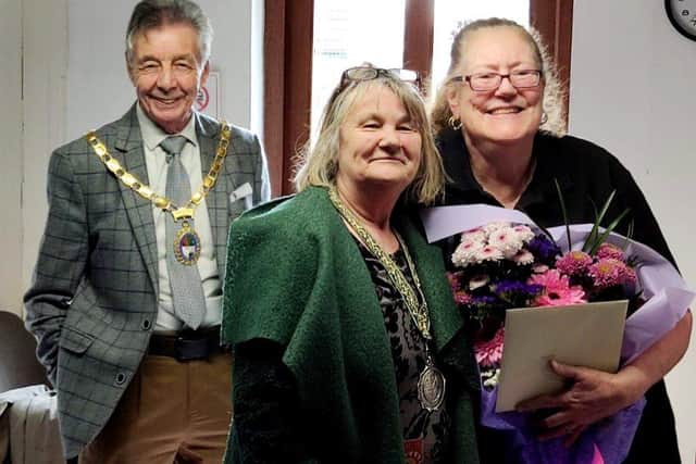 Mayor and Depuity Cllrs Paul Holbrook and Anne Marie Ricketts with retiring P.O. manager Christine