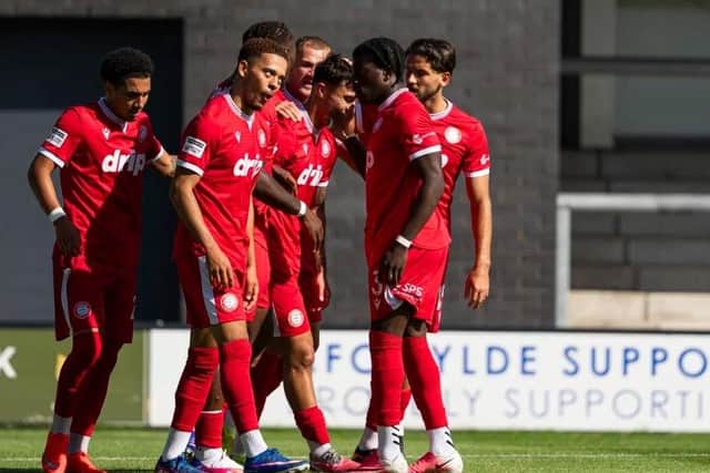 Worthing celebrate a goal at AFC Fylde | Picture: Worthing FC