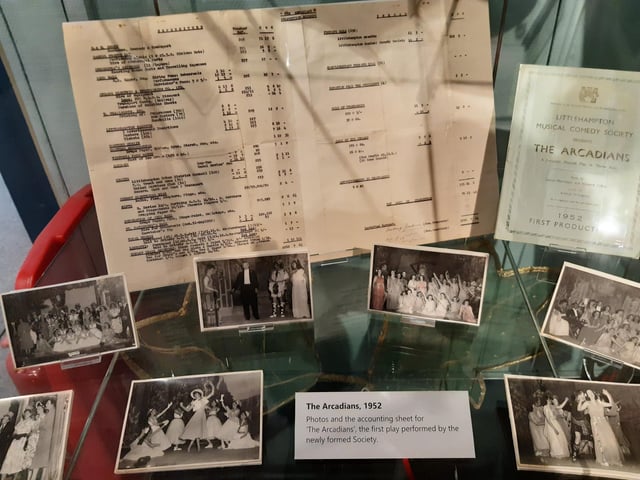 Photos and the accounting sheet for The Arcadians, the first play performed by the society