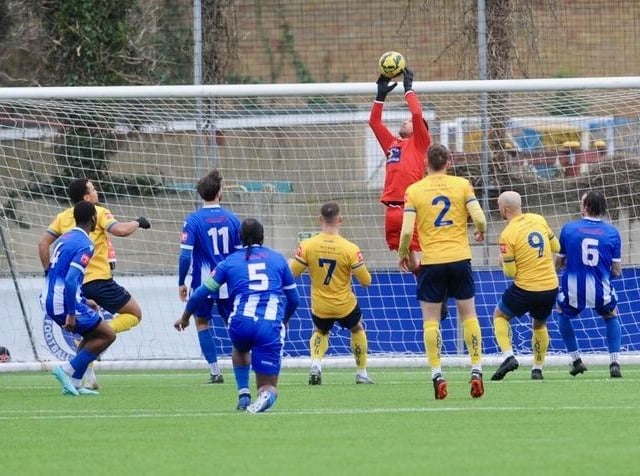 Action from Lancing FC's 1-0 home loss to East Grinstead Town in the Isthmian south east division