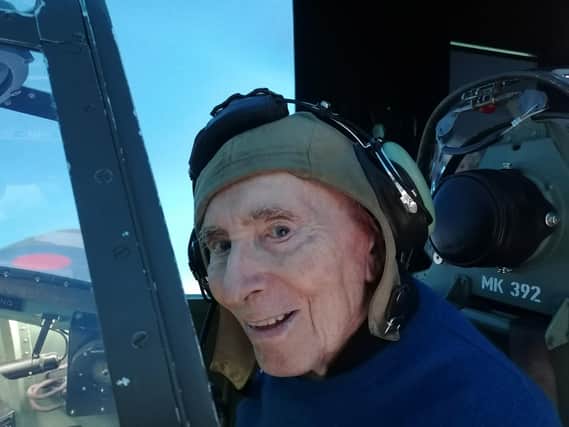 SIMULATOR. Robin Bowley, a resident at Colten Care’s Wellington Grange care home in Chichester, at the controls of the Spitfire simulator. 