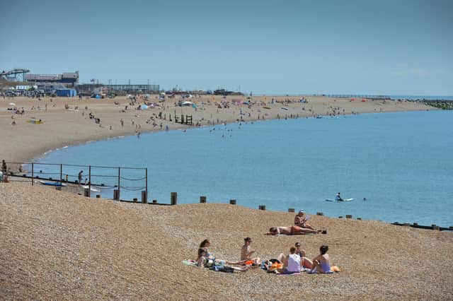 Hastings and St Leonards seafront pictured during the mini heatwave on July 10 2022.