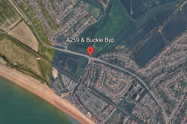 The incident was affecting the A259 Buckle Bypass, between Mill Drove and Marine Parade, with congestion extending to Avis Road on the eastbound carriageway. Photo: Google Earth