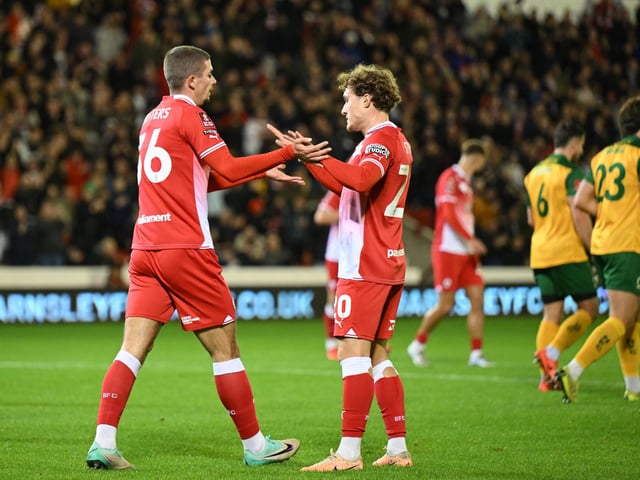 Max Watters of Barnsley celebrates his goal to make it 1-0 during the Emirates FA Cup First Round match between Barnsley and Horsham at Oakwell Stadium.
