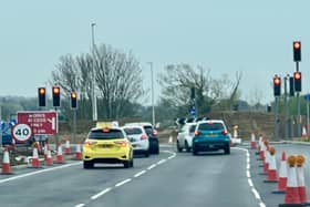Temporary traffic lights are in place on the Shoreham Airport roundabout to facilitate another temporary road closure. Photo contributed