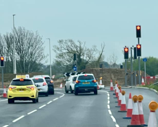Temporary traffic lights are in place on the Shoreham Airport roundabout to facilitate another temporary road closure. Photo contributed