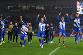 Brighton players celebrate after victory against Olympique de Marseille at American Express Stadium