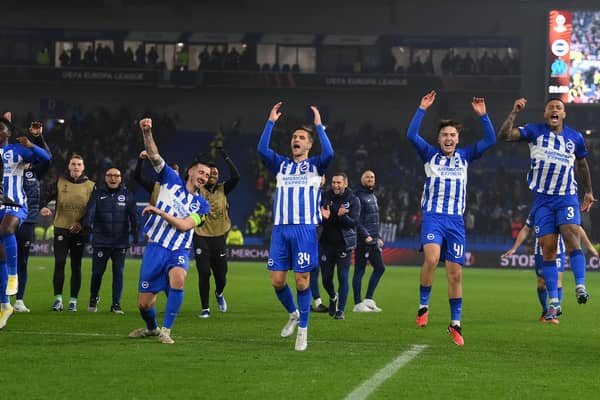 Brighton players celebrate after victory against Olympique de Marseille at American Express Stadium
