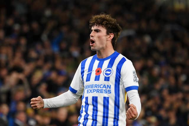 Matt O'Riley of Brighton & Hove Albion celebrates scoring his team's winning goal against Manchester City