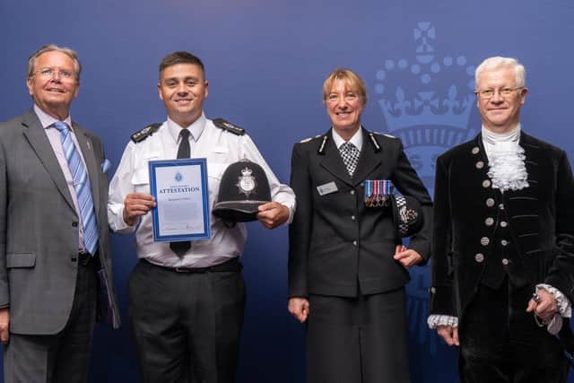 Ben Fisher pictured with Magistrate Lloyd Hanks JP, Chief Constable Jo Shiner and High Sheriff of East Sussex Richard Bickersteth