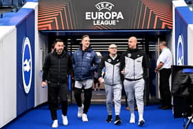 Roberto De Zerbi, manager of Brighton & Hove Albion, walks out with members of the backroom staff prior to the UEFA Europa League 2023/24 group stage match between Brighton & Hove Albion and AEK Athens FC (Photo by Mike Hewitt/Getty Images)