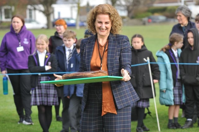 Shoreham College principal Mrs Sarah Bakhtiari ready to toss the giant pancake