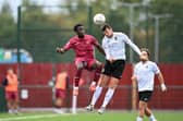 Ashley Nadesan goes airborne during Horsham's FA Cup clash at Walton & Hersham in September. Picture by McCartney Martin