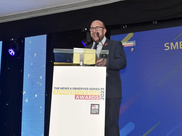 Pictured is: Cllr. Steve Pitt announcing the winner for Large Apprentice Employer of the Year award.