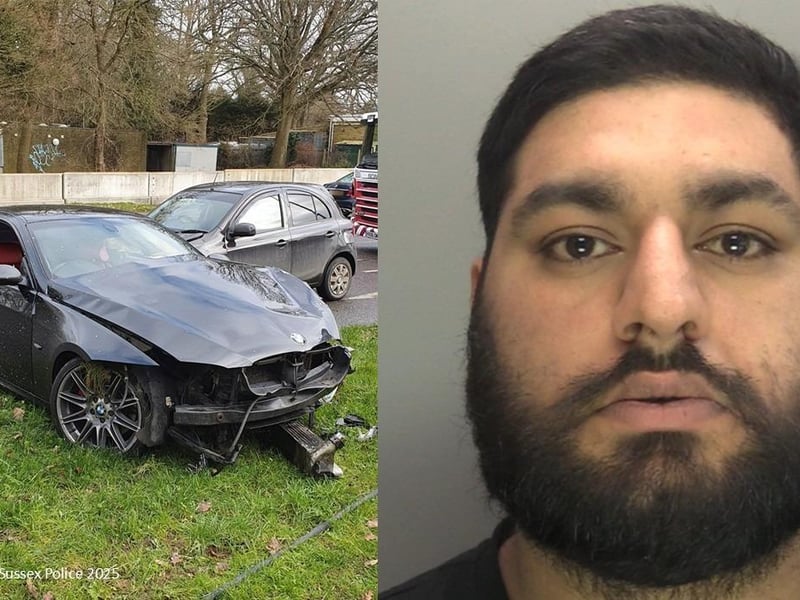 A man has been sentenced following a fatal collision that took place in Ifield Road, Crawley, on the morning of February 9, 2023. Danyaal Zubair, 28, of Lucas Close, Maidenbower, was driving a black BMW 335 that he had borrowed from a friend. After exiting the Ifield Roundabout into Ifield Avenue westbound at speed, he lost control of the vehicle and collided with a red Honda Jazz travelling on the other side of the road. A third vehicle – a maroon Nissan saloon car – unable to stop in time, collided with the BMW on the eastbound side of the road. The driver of the Nissan suffered minor injuries, however the driver of the Honda Jazz was mechanically trapped inside the vehicle, and after being freed was taken to hospital with serious injuries. Zubair was arrested at the scene after a DrugsWipe tested positive for cannabis. Sadly, the driver of the Honda Jazz, 78-year-old David Pollard, experienced medical complications from his injuries relating to the collision, and died on February 13, 2023. This led to the further arrest of Zubair on March 10 on suspicion of causing death by dangerous driving. He was released under investigation while a series of enquiries were undertaken. As the evidence mounted, on July 31, 2024, Zubair was charged with causing death by careless or inconsiderate driving and causing death by driving a vehicle while unlicensed or uninsured. He appeared at Crawley Magistrates’ Court a month later on August 28, pleaded not guilty to both offences and was released on bail. Zubair continued to plead not guilty at his plea hearing at Lewes Crown Court on September 25, 2024. On March 24 this year, Zubair changed his plea to guilty to causing death by careless driving, and causing death by driving a vehicle while uninsured. He received an interim six-month driving disqualification ahead of his sentencing. Undeterred, Zubair took to the roads again and on April 22, less than a month later, was arrested on suspicion of driving whilst disqualified, and driving whilst uninsured. He was