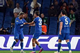 Georginio Rutter’s first European goal survived a dramatic VAR check, as Brighton and Hove Albion took a 2-0 half-time lead against FK Kauno Zalgiris in the UEFA Conference League. (Photo by Mike Hewitt/Getty Images)