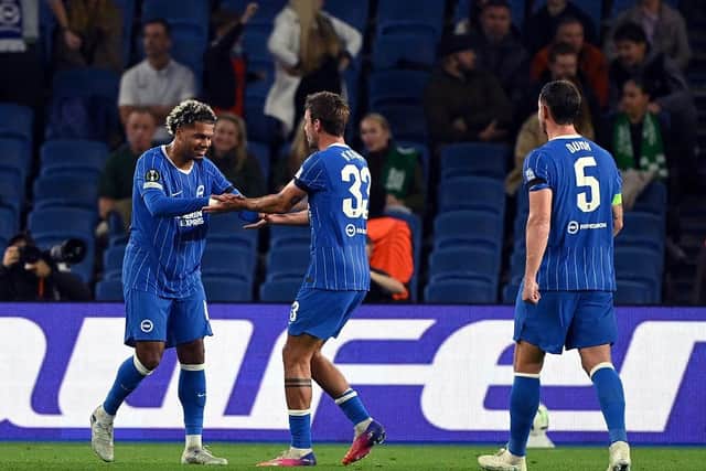Georginio Rutter’s first European goal survived a dramatic VAR check, as Brighton and Hove Albion took a 2-0 half-time lead against FK Kauno Zalgiris in the UEFA Conference League. (Photo by Mike Hewitt/Getty Images)
