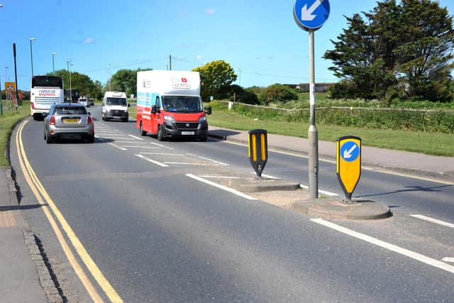 Residents are calling for a pedestrian crossing on the A259 in Shoreham-by-Sea in place of the traffic island. Photo: Steve Robards