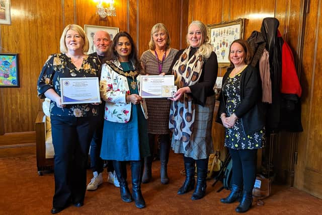 From left, Claire Cook, Carl Sutherland, mayor Henna Chowdhury, councillor Rita Garner, Khristina McCormack and Karyn Picker
