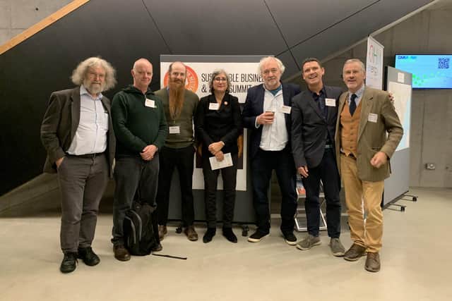 Eastbourne’s Sustainable Business and Solar Summit: (L-R) Nick Rouse, Chris Rowland, John Taylor, Kayla Ente MBE, Richard Watson MBE, Ollie Pendered and Andrew Durling
