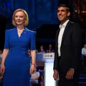 Liz Truss and Rishi Sunak, contenders to become the next prime minister, at the BBC's 'The UK's Next Prime Minister: The Debate' in Victoria Hall on July 25. Photograph: Jacob  King/Pool/AFP via Getty Images