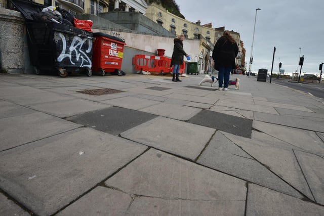 Photo showing the state of the pavement in Hastings town centre. 31/1/24. The area by St Mary in the Castle.